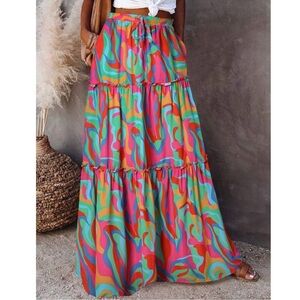 Boho Colorful Print Stretchy Waist Pockets Maxi Skirt XS S M L XL